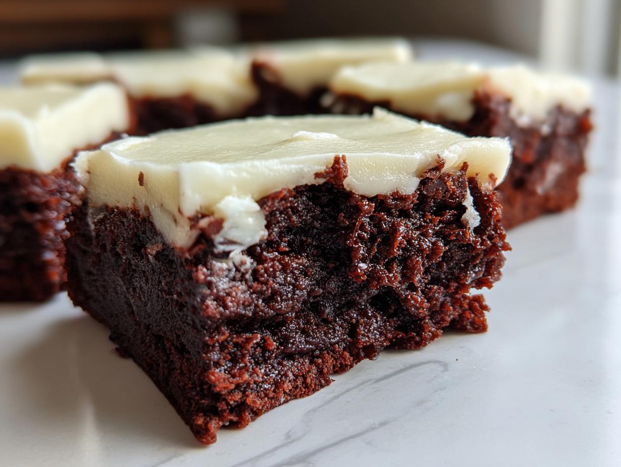 A close-up view of a rich, dark gingerbread brownies square topped with thick white cream cheese frosting.