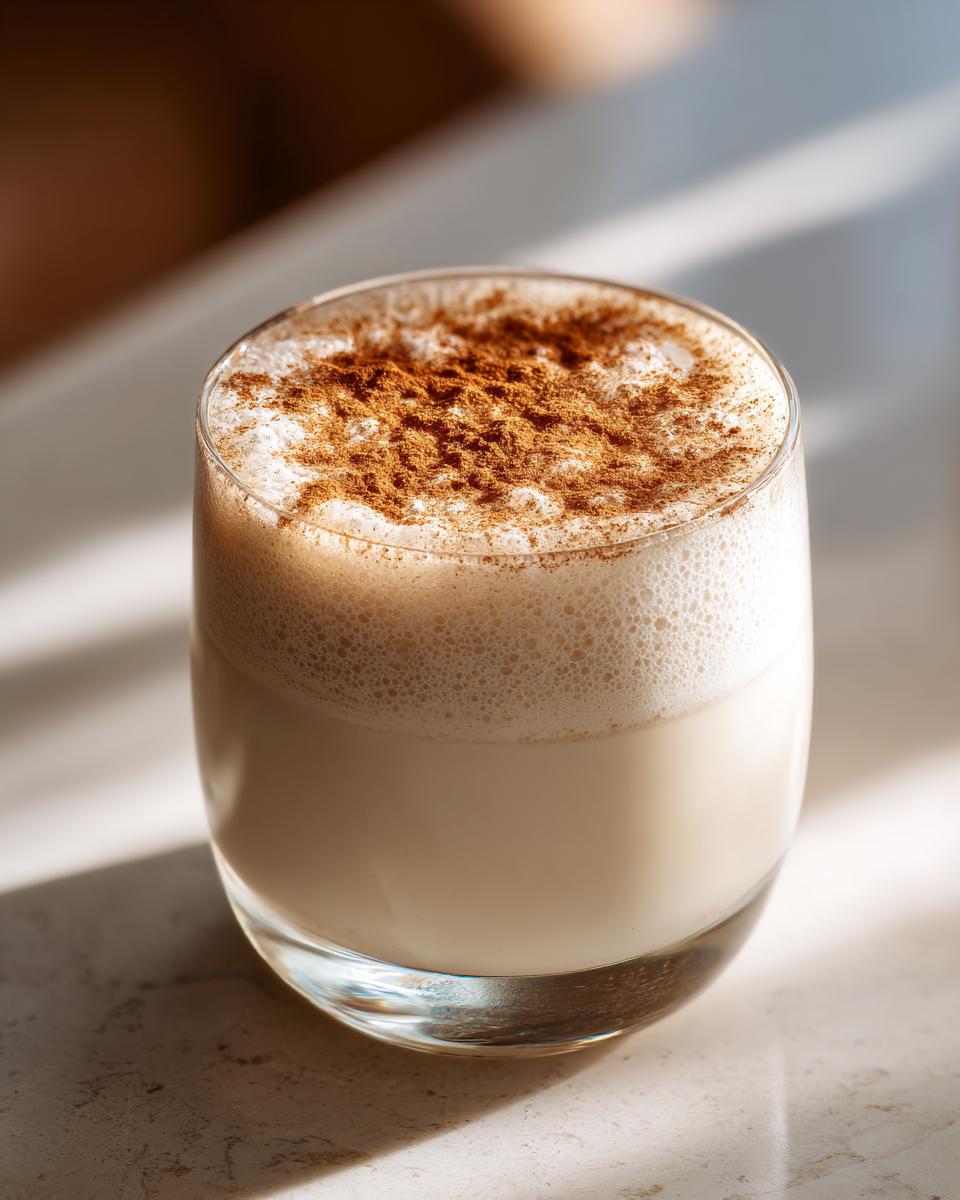 A glass of creamy, frothy coquito topped generously with ground cinnamon, sitting in natural light.