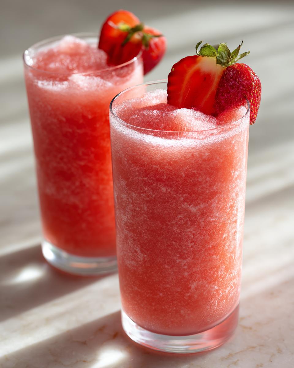 Two tall glasses filled with bright red, icy strawberry daiquiri, garnished with fresh strawberry slices.