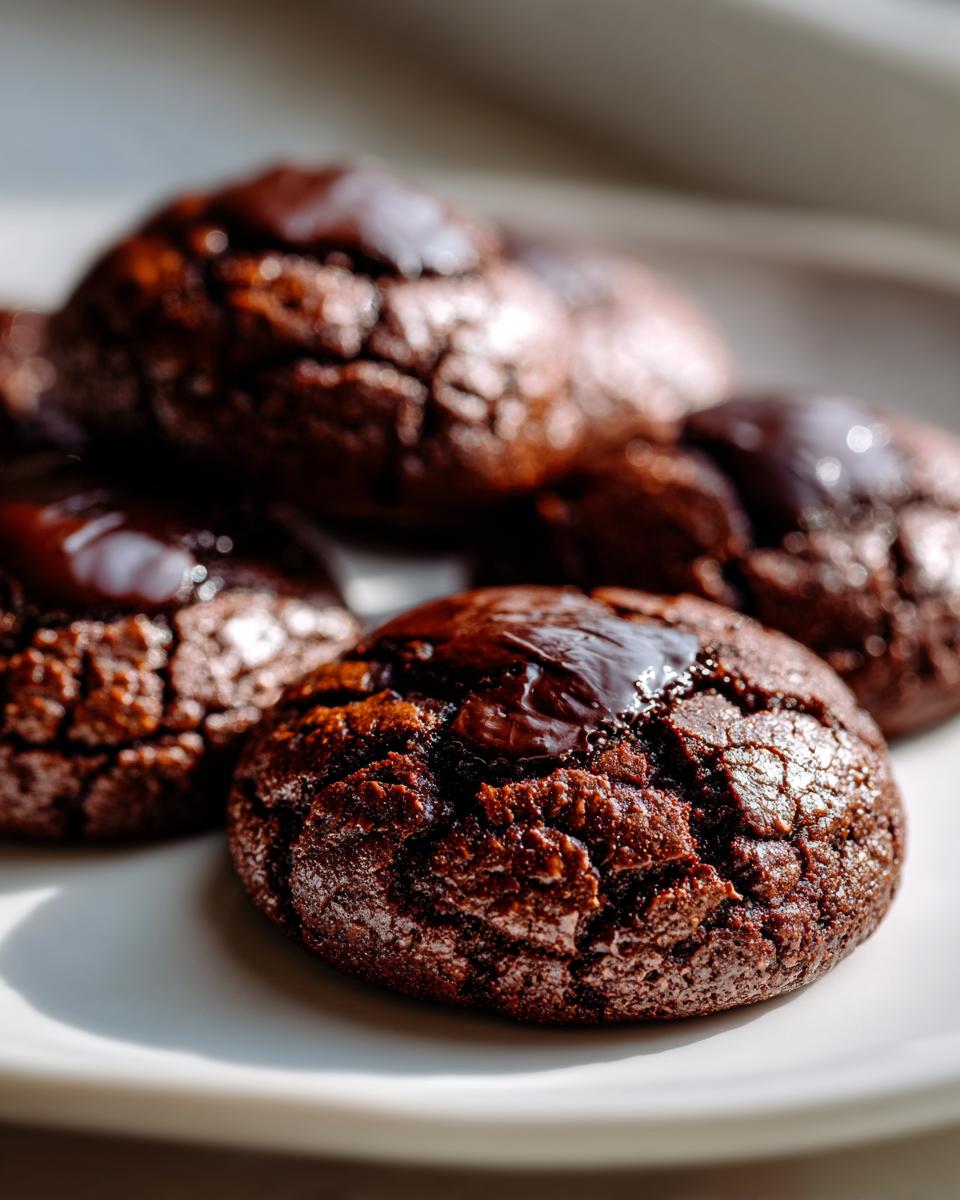 Close-up of several fudgy brownie cookies with cracked tops and melted chocolate pools.