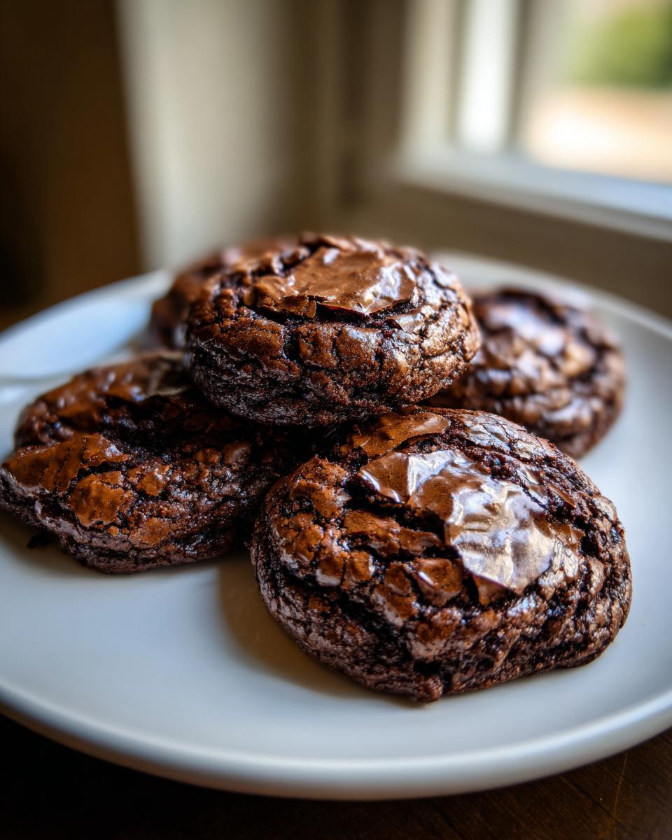 A stack of four rich, dark, fudgy brownie cookies with shiny, cracked tops resting on a light plate.