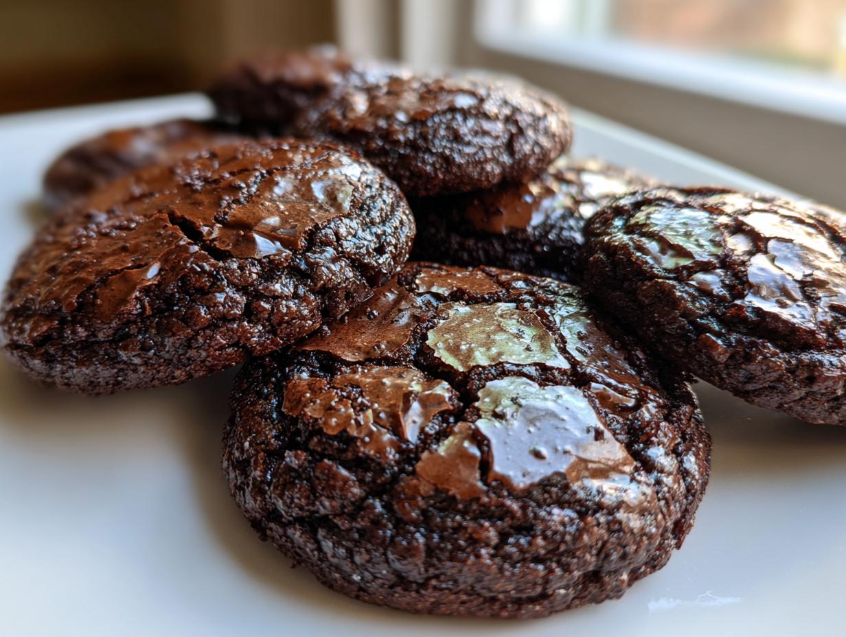 Close-up of several fudgy brownie cookies piled on a white plate, showing their characteristic shiny, cracked tops.