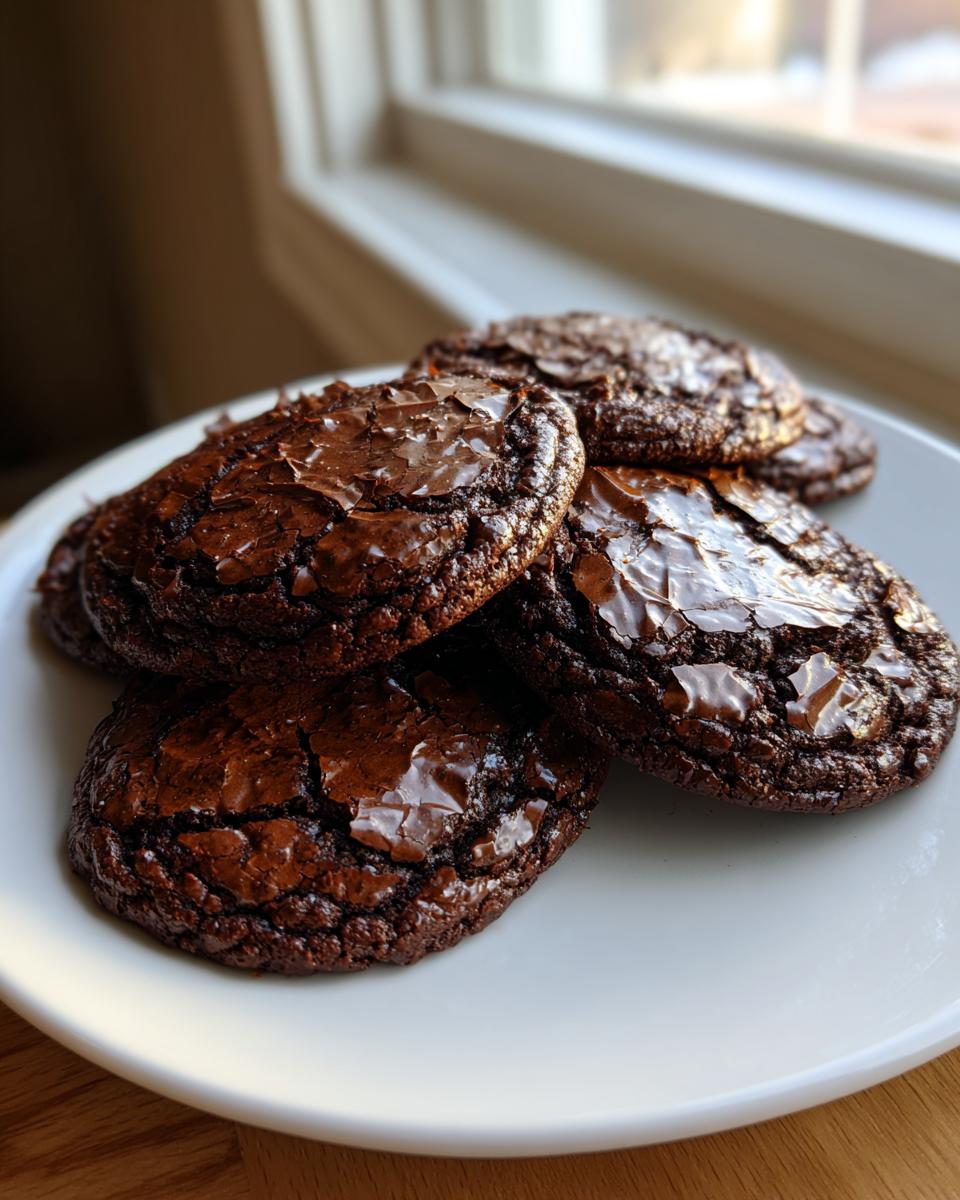 A stack of fudgy brownie cookies with glossy, cracked tops resting on a white plate near a window.