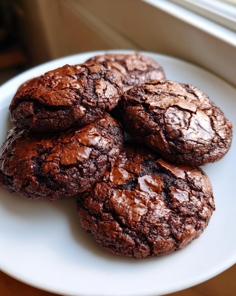 A stack of five rich, dark chocolate brownie cookies with shiny, cracked tops, resting on a white plate.