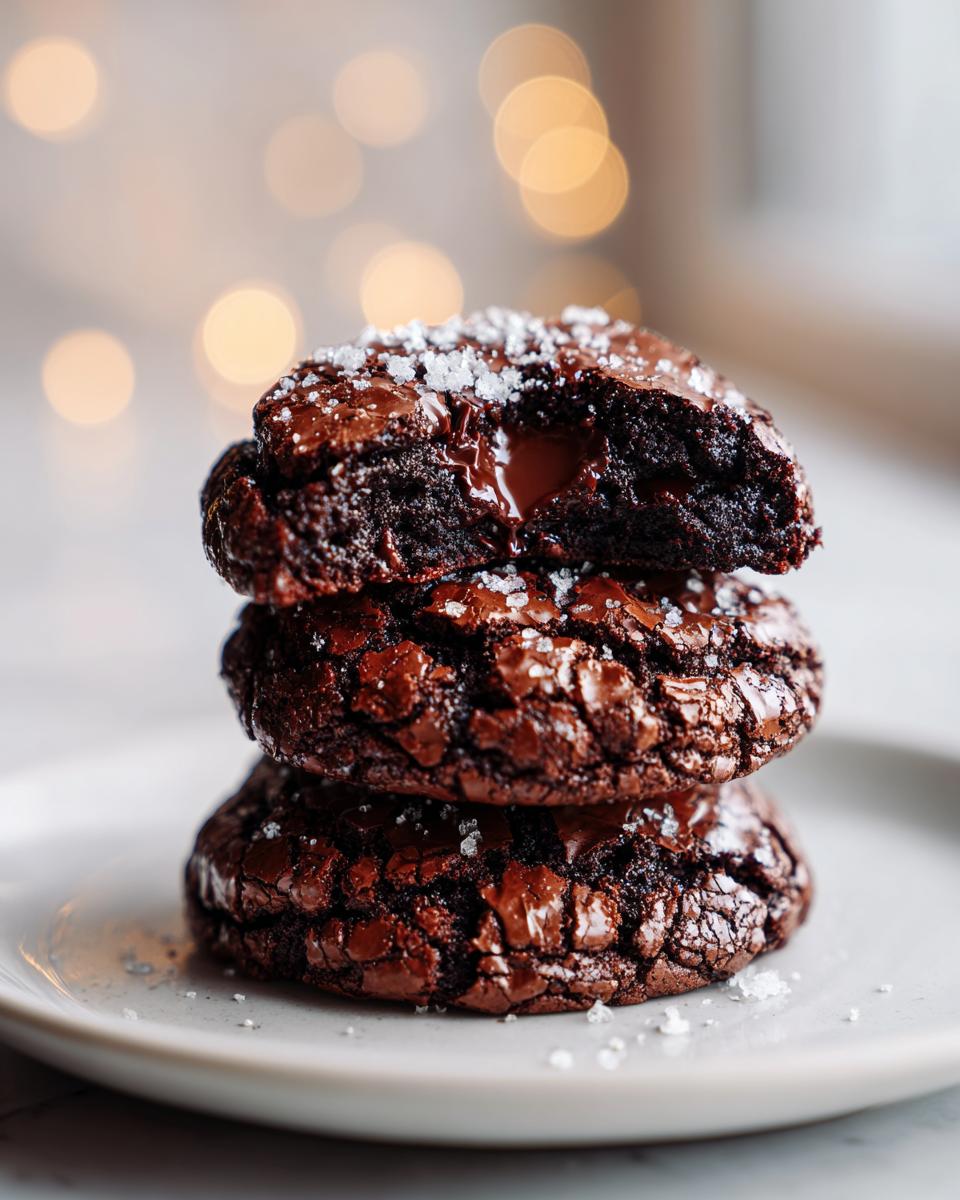 A stack of three fudgy chocolate brownie cookies, topped with flaky sea salt, with the top cookie broken open revealing a molten center.