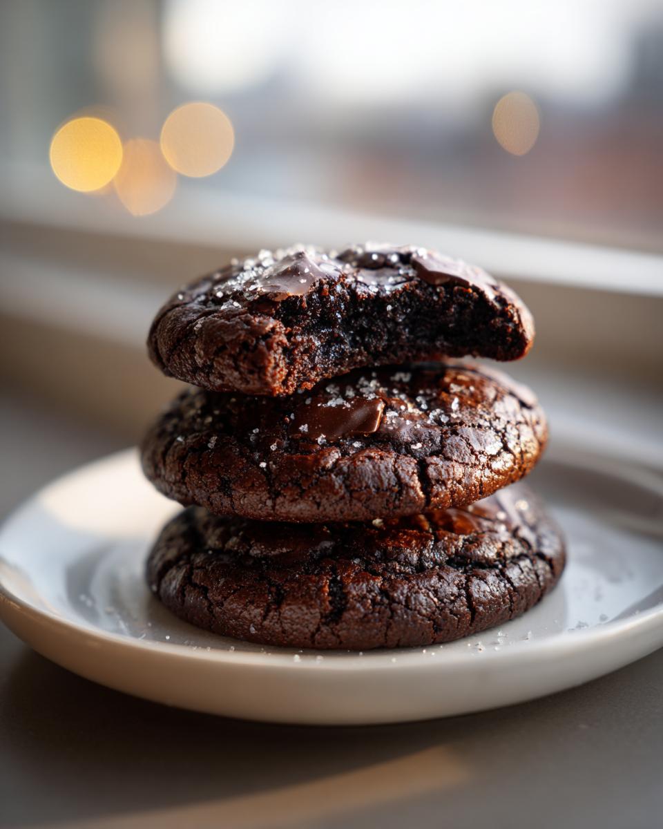 A stack of three fudgy chocolate brownie cookies topped with flaky sea salt, one cookie broken open.