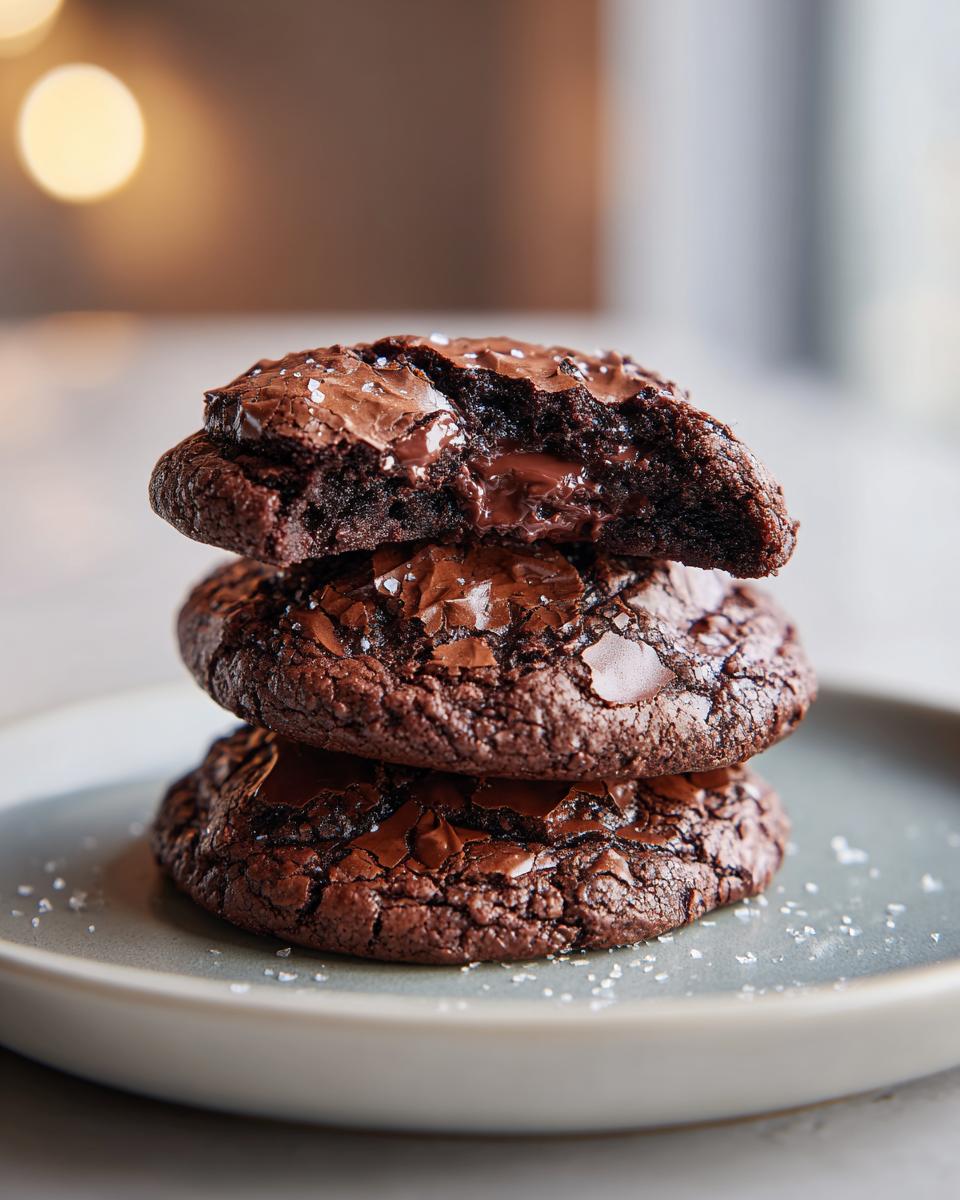 A stack of three fudgy chocolate brownie cookies, with the top one broken to show the gooey center, sprinkled with sea salt.