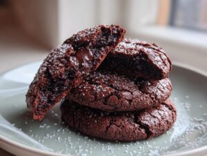 A stack of fudgy chocolate brownie cookies, one broken open to show the gooey center, sprinkled with coarse sugar.