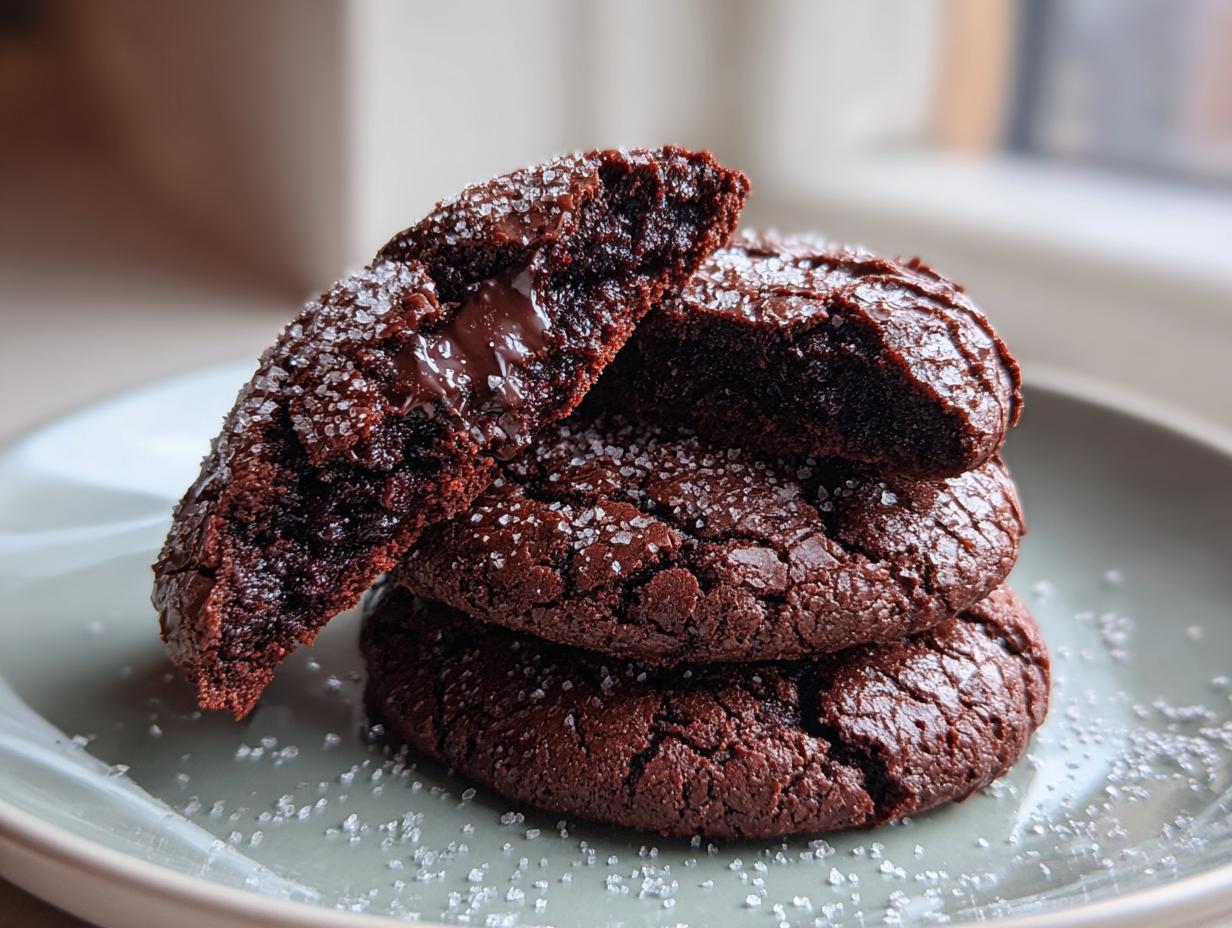 A stack of fudgy chocolate brownie cookies, one broken open to show the gooey center, sprinkled with coarse sugar.
