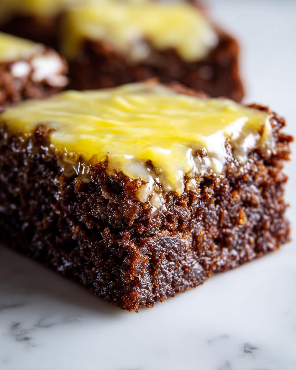 Close-up of a fudgy, dark chocolate Lemon Brownies square topped with a thick, glossy yellow lemon glaze.