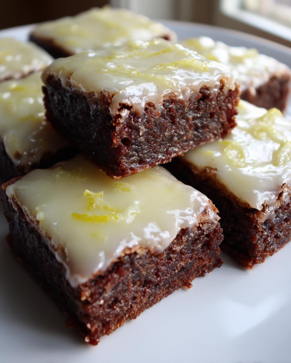 Close-up of fudgy Lemon Brownies stacked, topped with a thick, pale yellow lemon glaze and zest.