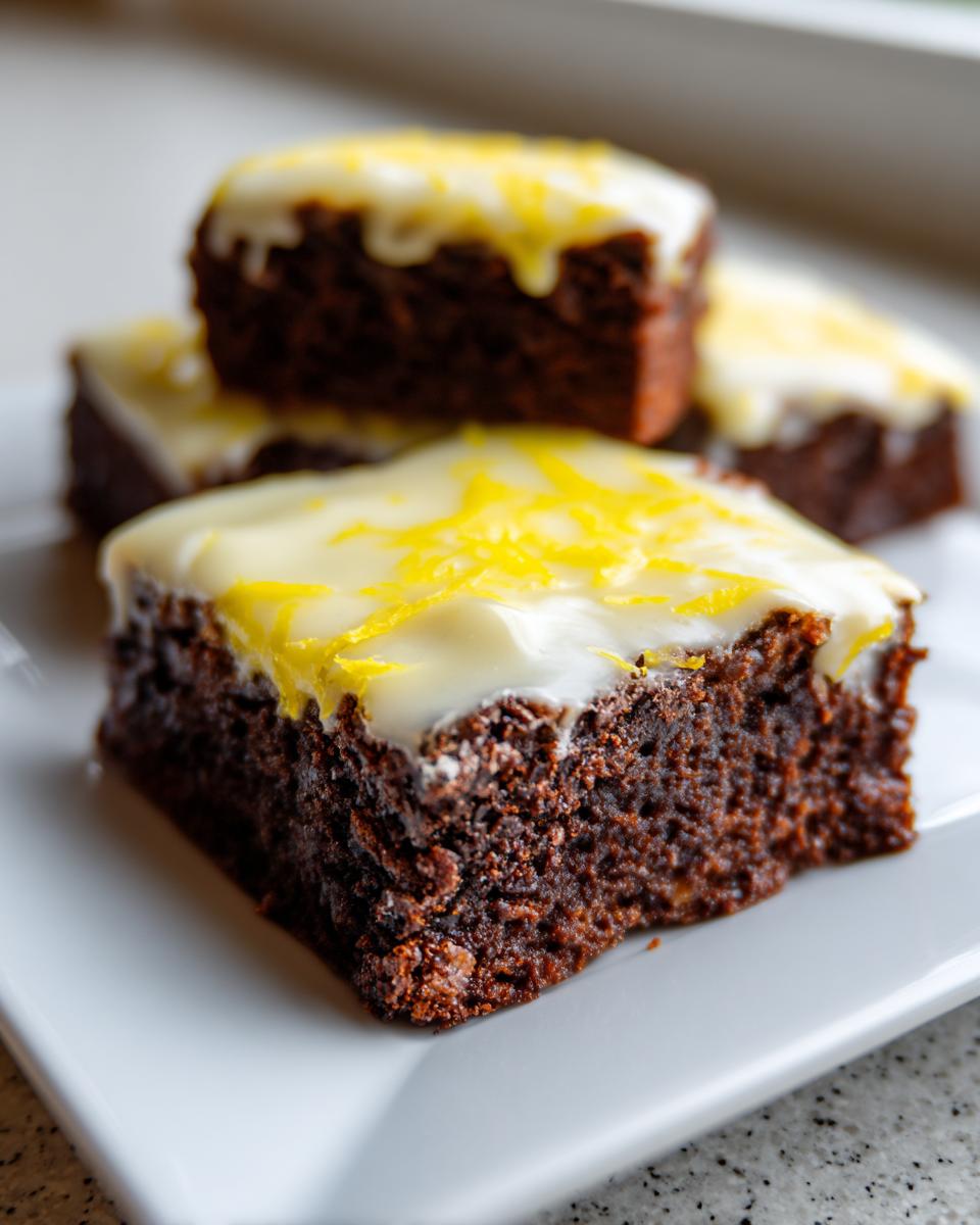 Close-up of a fudgy square of Lemon Brownies topped with white glaze and bright yellow lemon zest.
