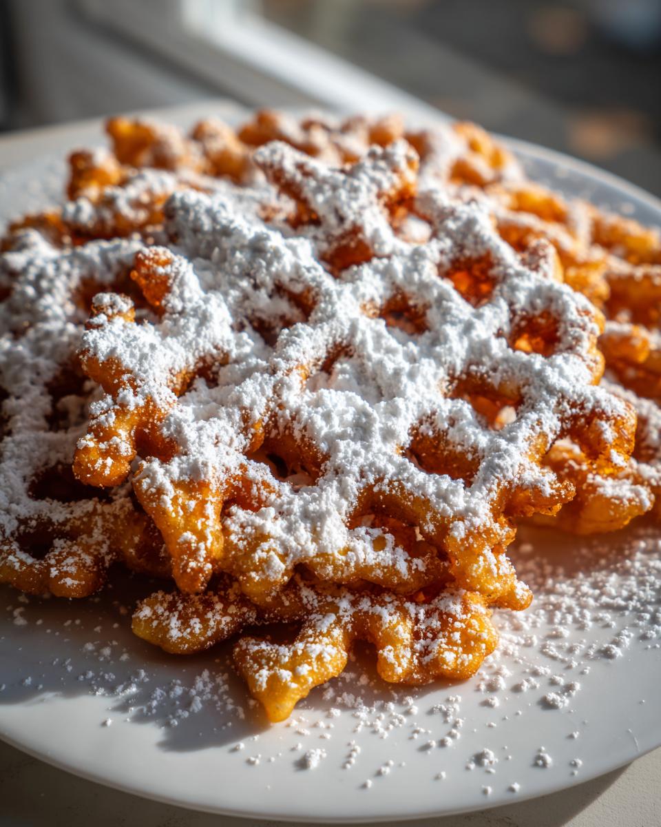 Close-up of a freshly made funnel cake recipe, golden brown and heavily dusted with white powdered sugar on a white plate.