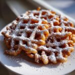Close-up of a freshly made funnel cake recipe, golden brown and heavily dusted with powdered sugar, served on a white plate.