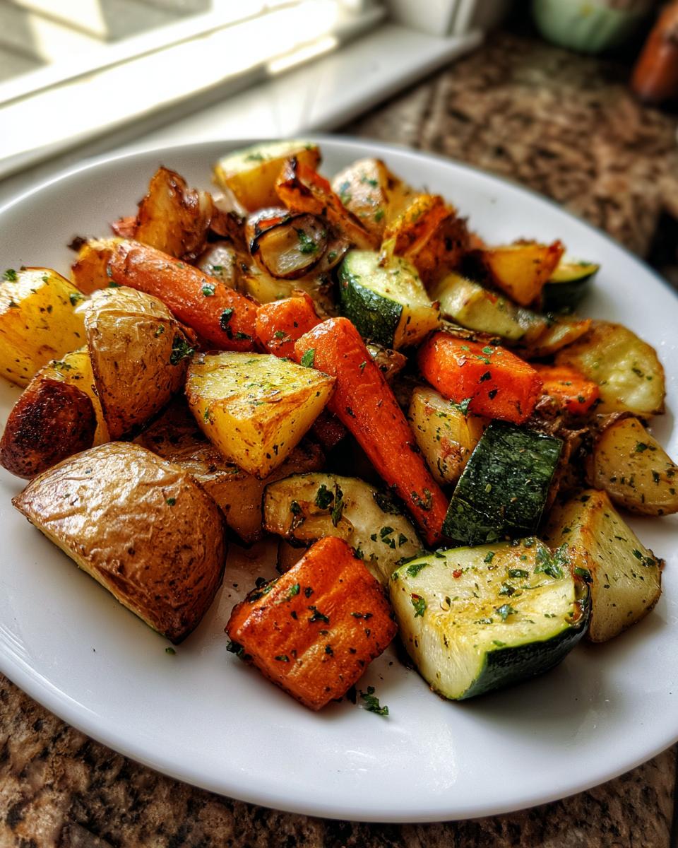A white plate filled with perfectly roasted Garlic Herb Roasted Veggies, including golden potatoes, bright orange carrots, and green zucchini chunks.