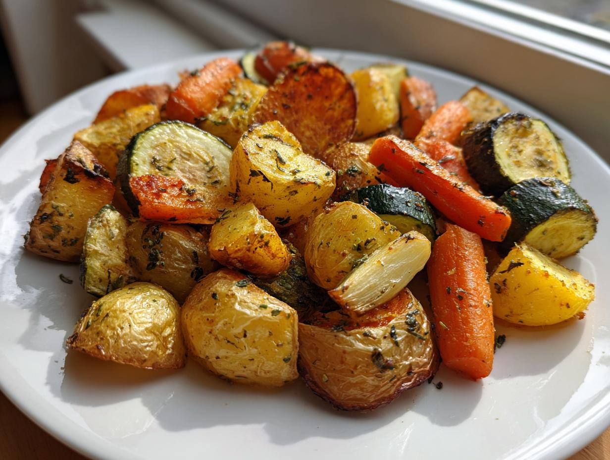 A close-up of perfectly roasted potatoes, carrots, and zucchini seasoned with herbs, representing Garlic Herb Roasted Veggies.