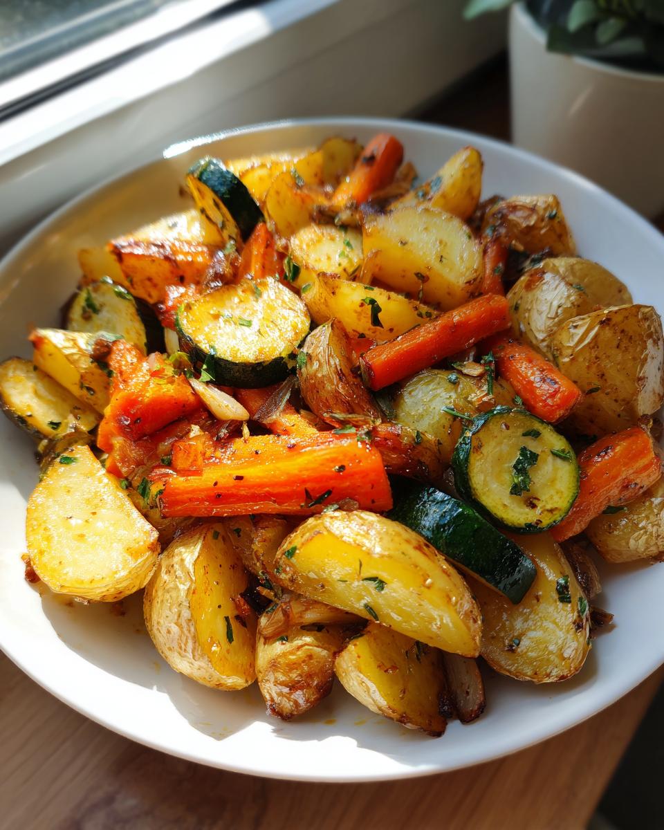 A close-up of perfectly roasted Garlic Herb Roasted Veggies including golden potatoes, bright carrots, and zucchini slices.