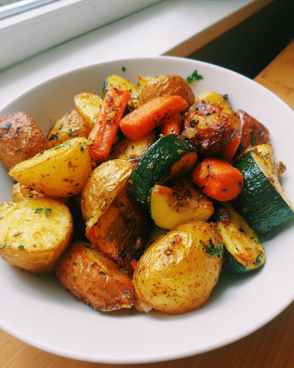 A white bowl filled with perfectly roasted potatoes, carrots, and zucchini seasoned with herbs for Garlic Herb Roasted Veggies.