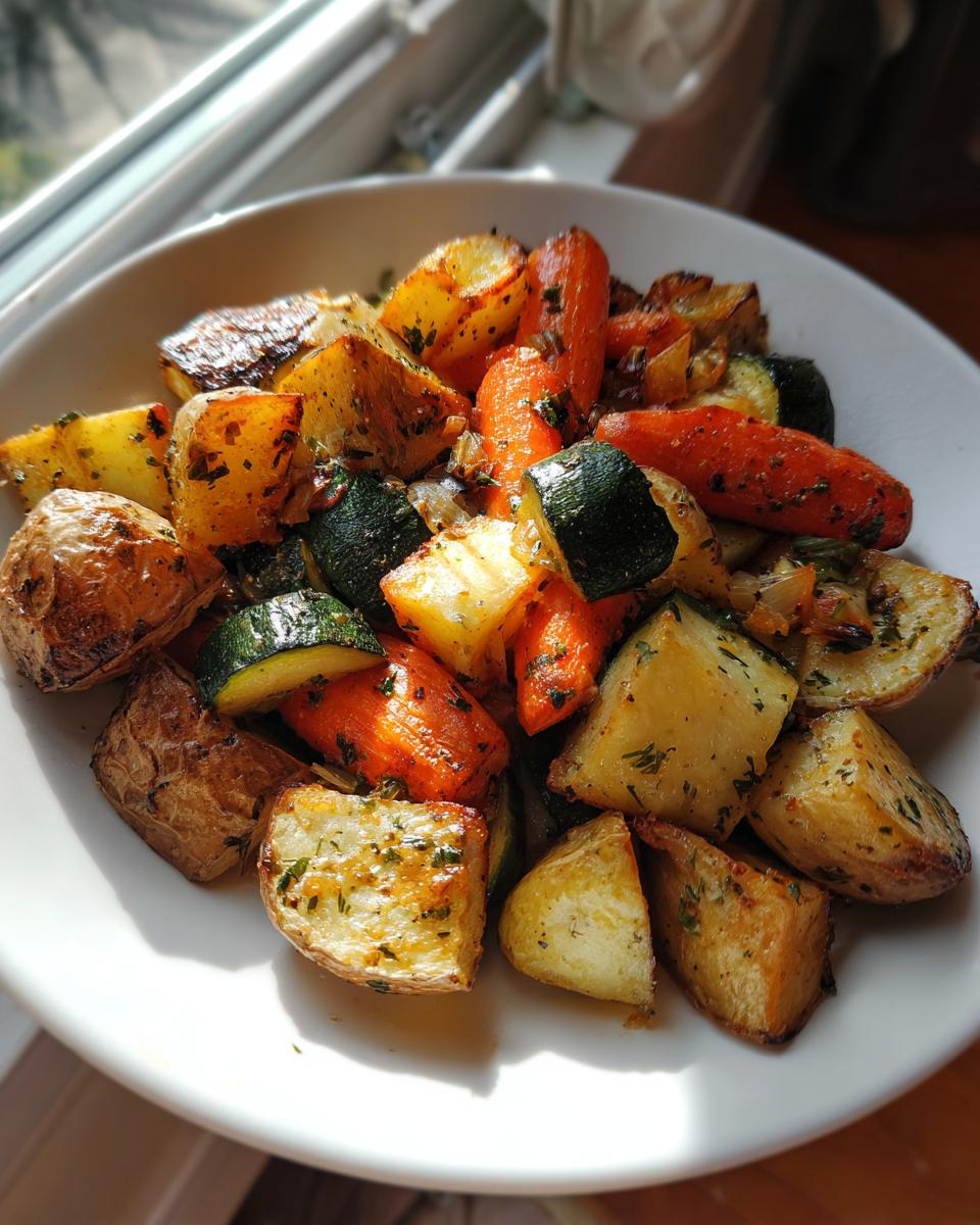 A white bowl filled with perfectly roasted Garlic Herb Roasted Veggies, including potatoes, carrots, and zucchini, seasoned with herbs.