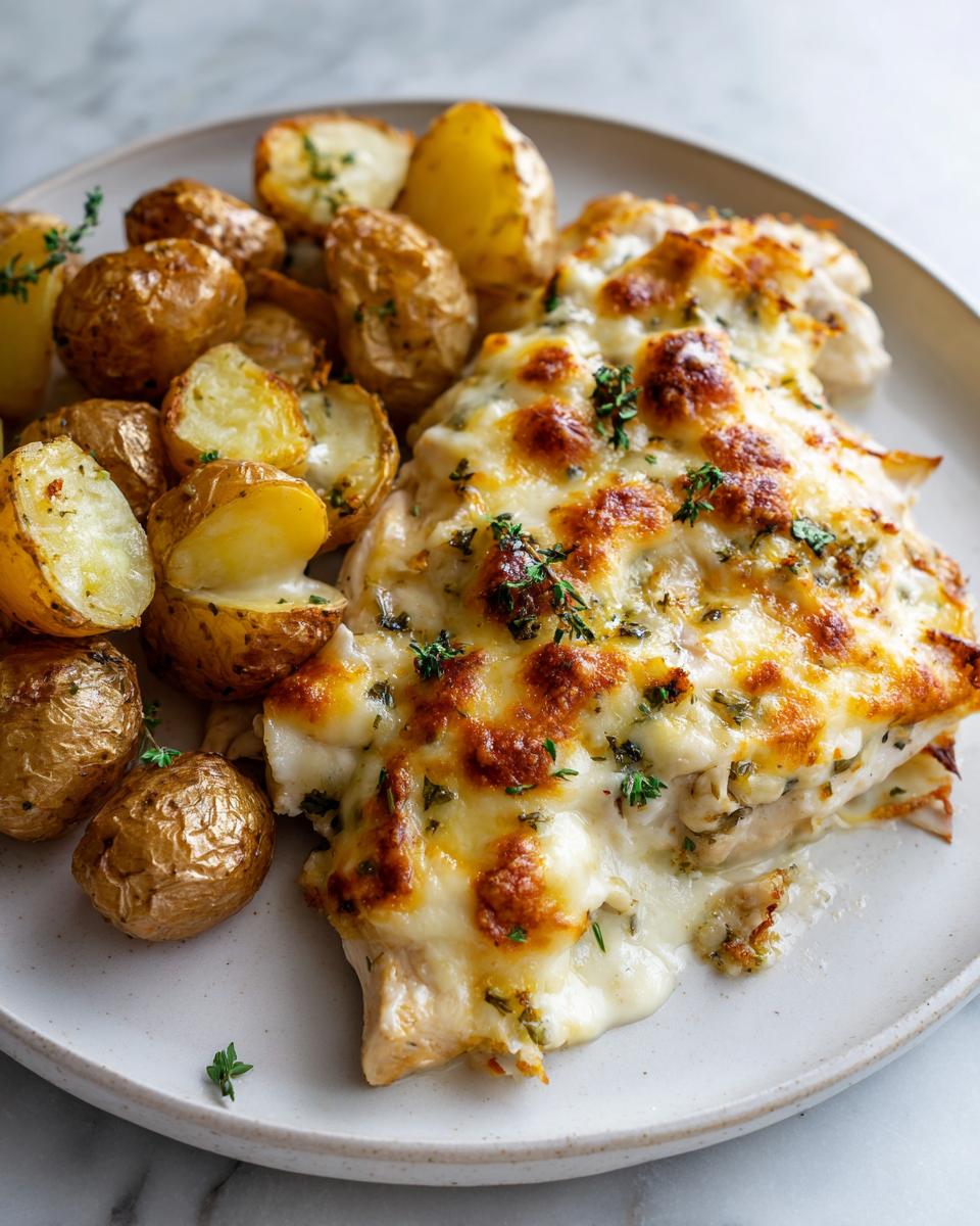 A serving of garlic parmesan chicken and potatoes topped with melted, browned cheese and fresh thyme.