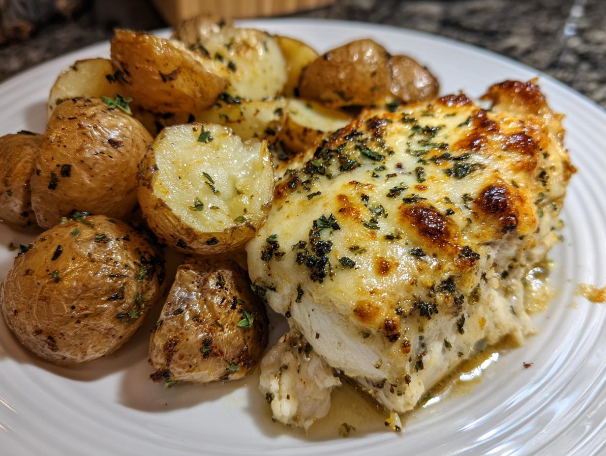 A close-up of a serving of garlic parmesan chicken and potatoes, featuring cheesy baked chicken breast and roasted herbs potatoes.
