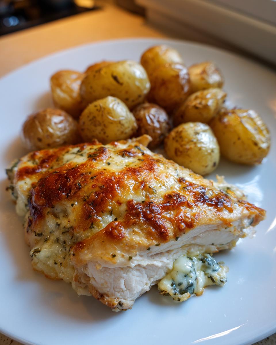 Close-up of a serving of garlic parmesan chicken and potatoes, showing melted cheese topping on the chicken breast.