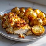 A serving of crispy garlic parmesan chicken and potatoes on a light gray plate, showing a cross-section of the juicy chicken.