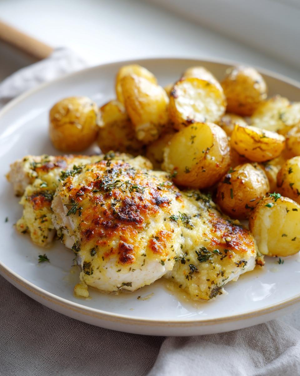 Two fillets of garlic parmesan chicken topped with melted, browned cheese and herbs, served alongside roasted baby potatoes.