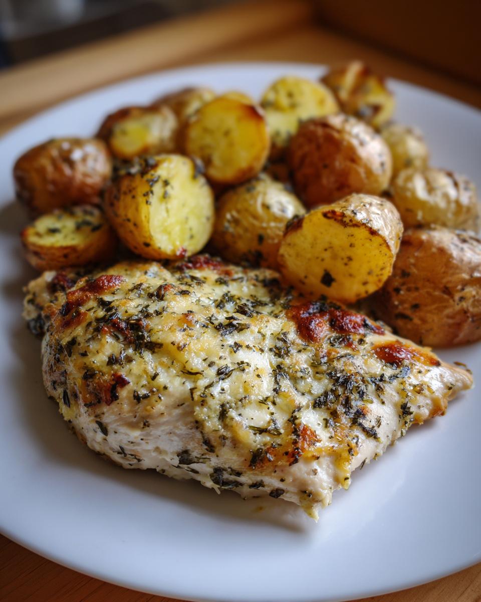 A close-up of a serving of garlic parmesan chicken and potatoes on a white plate.