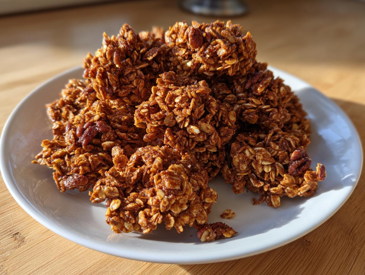 A pile of dark, spiced gingerbread granola clusters, featuring oats and nuts, served on a white plate.