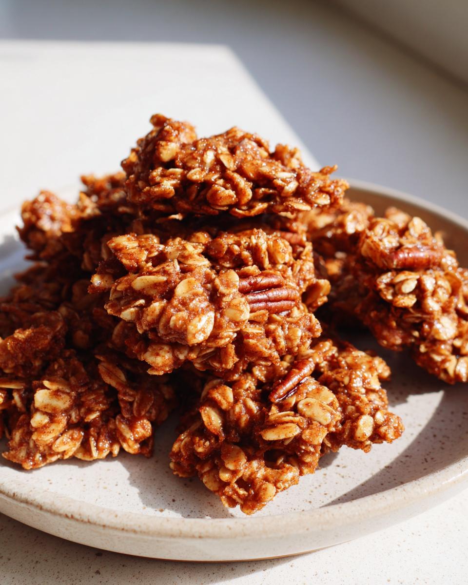 A pile of shiny, brown gingerbread granola clusters studded with pecans on a light ceramic plate.