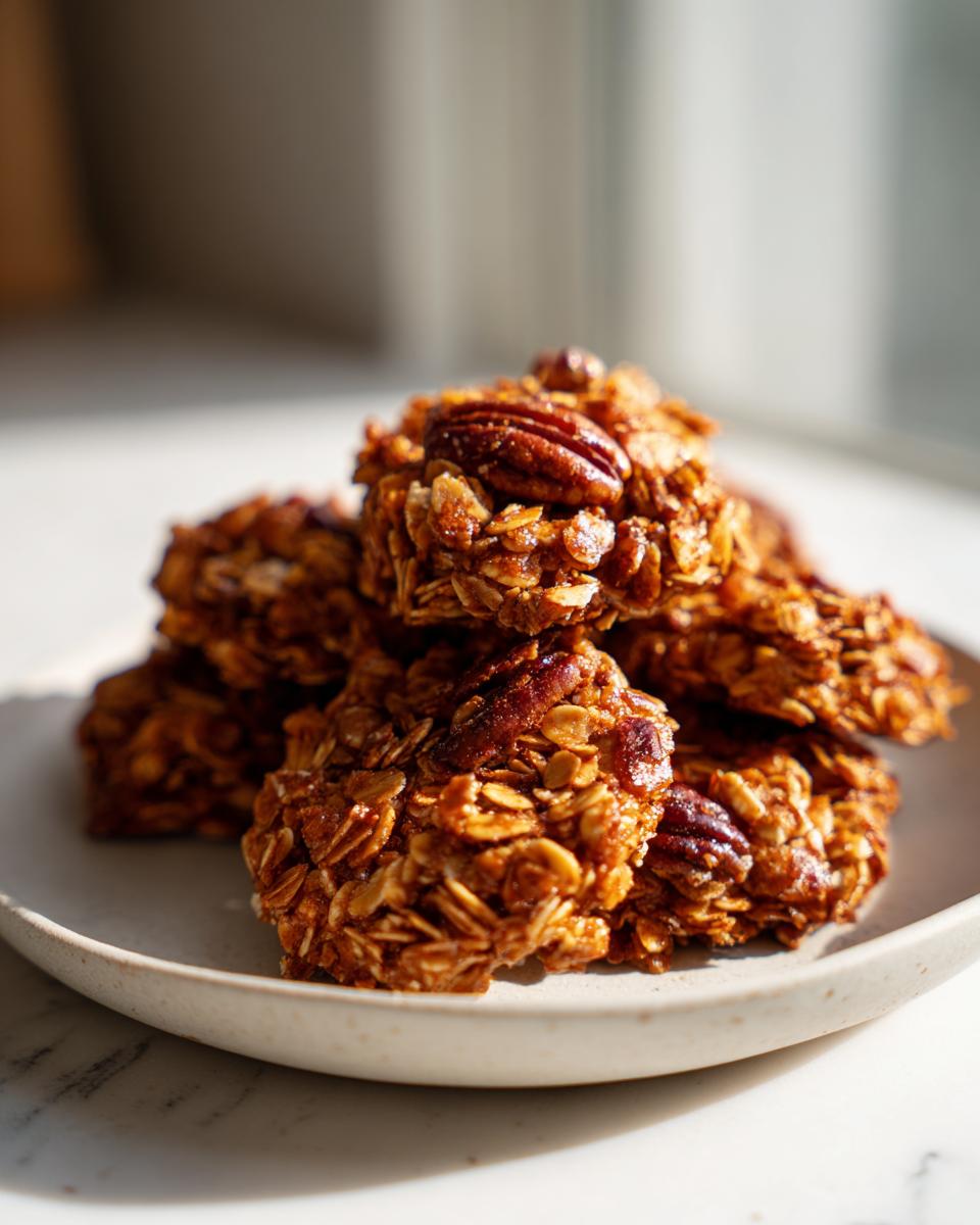 A stack of golden gingerbread granola clusters topped with pecans on a light ceramic plate.