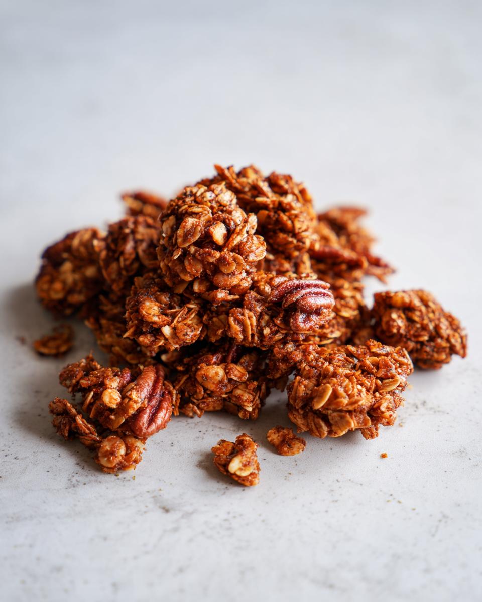A pile of rich, brown gingerbread granola clusters mixed with whole pecans on a light gray surface.