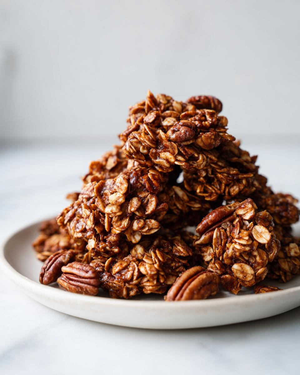 A stack of dark, rich gingerbread granola clusters mixed with whole pecans, served on a light plate.