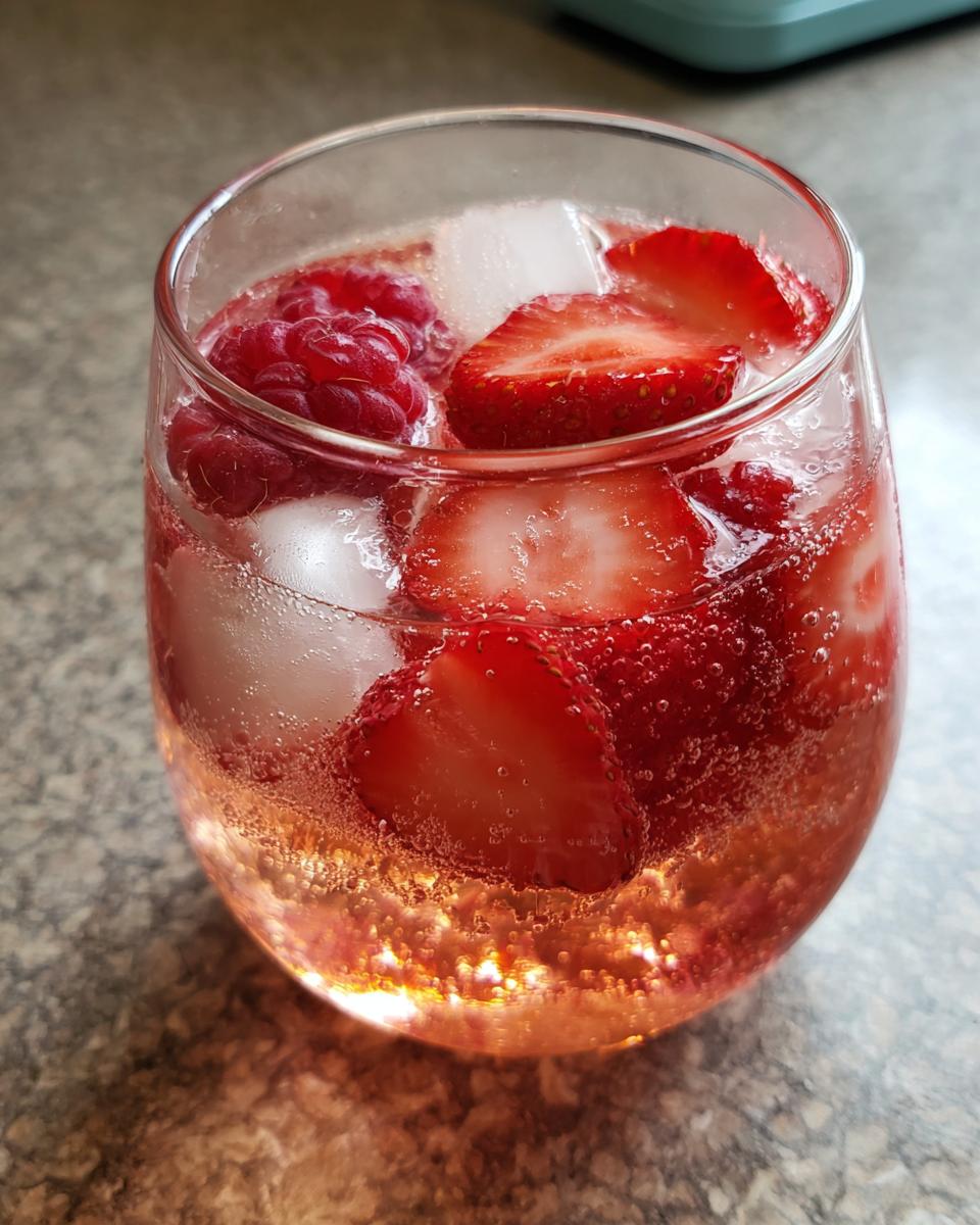 Close-up of a glass filled with bubbly pink champagne punch, ice cubes, sliced strawberries, and a whole raspberry.