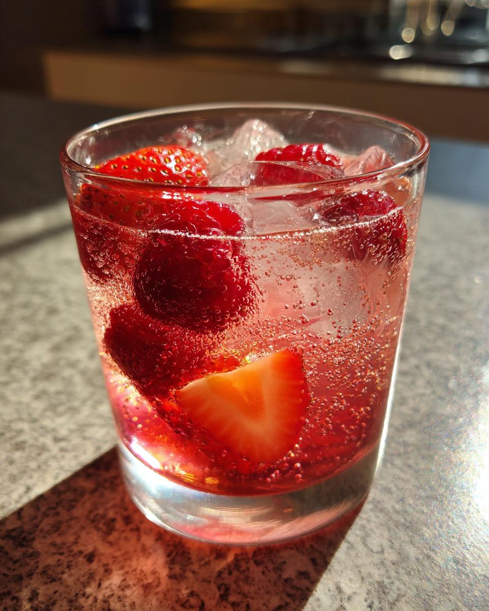 Close-up of a glass filled with ice, sparkling liquid, and fresh strawberries and raspberries, representing a serving of champagne punch.