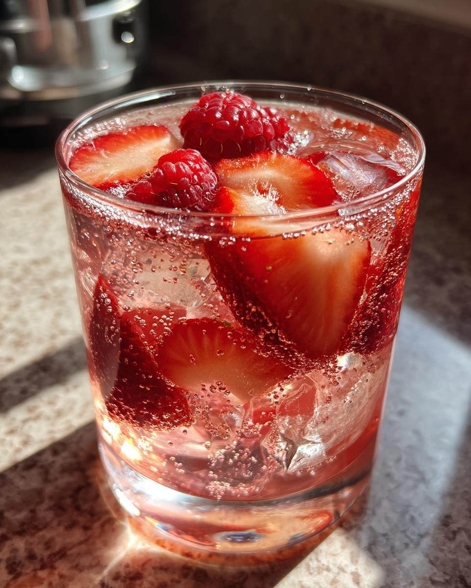 Close-up of a glass filled with sparkling pink champagne punch, ice, sliced strawberries, and whole raspberries.