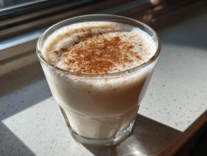 A glass of creamy, frothy coquito topped generously with ground cinnamon, sitting in sunlight.