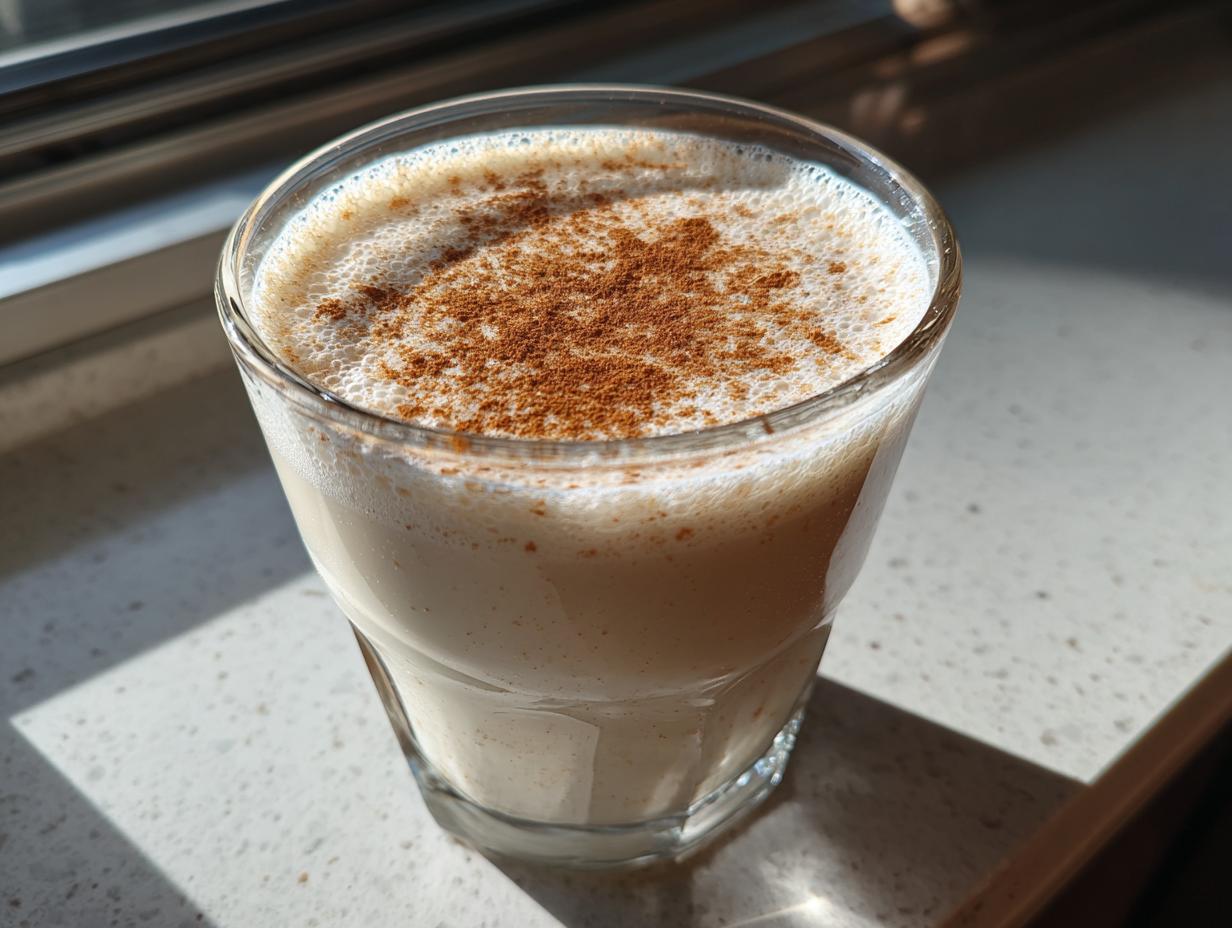 A glass of creamy, frothy coquito topped generously with ground cinnamon, sitting in sunlight.