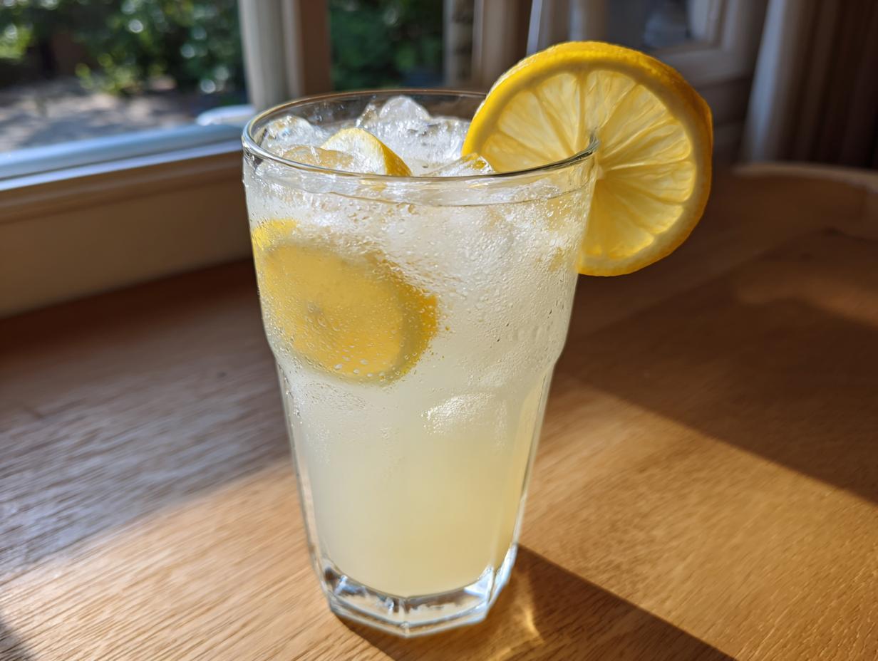 A tall, sweating glass filled with homemade lemonade, ice cubes, and lemon slices, garnished with a lemon wheel.
