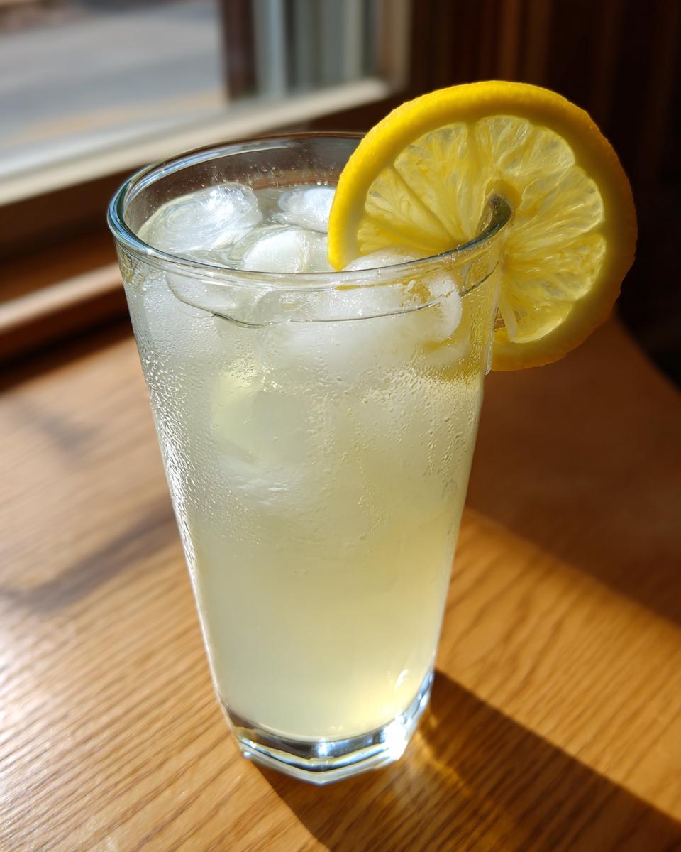 A tall glass filled with ice and homemade lemonade, garnished with a lemon slice.