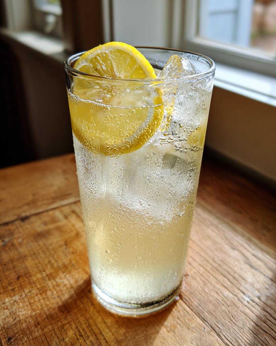 Close-up of a tall, sweating glass filled with ice and homemade lemonade, garnished with a fresh lemon slice.