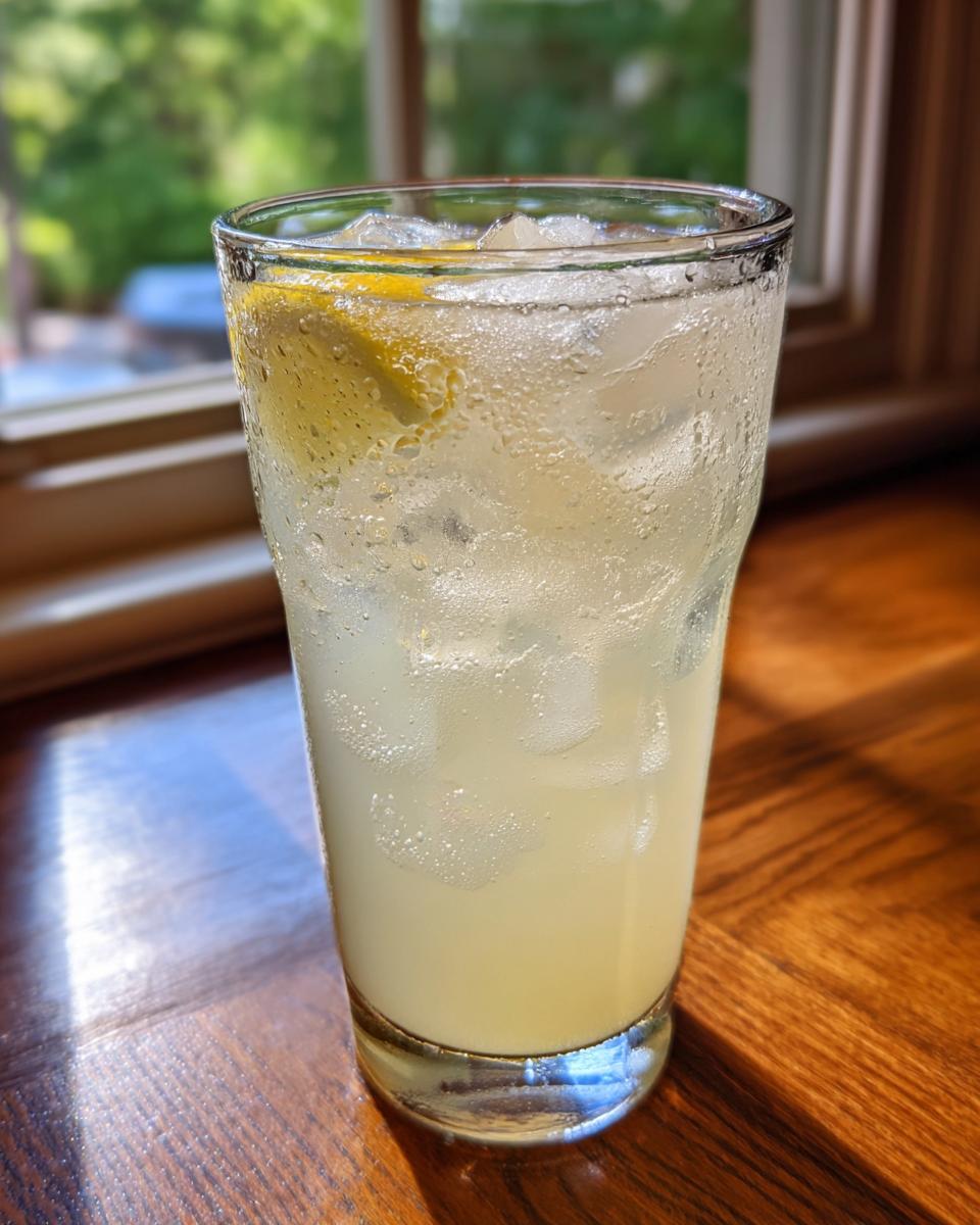 A tall, sweating glass filled with ice and homemade lemonade, garnished with a lemon slice.