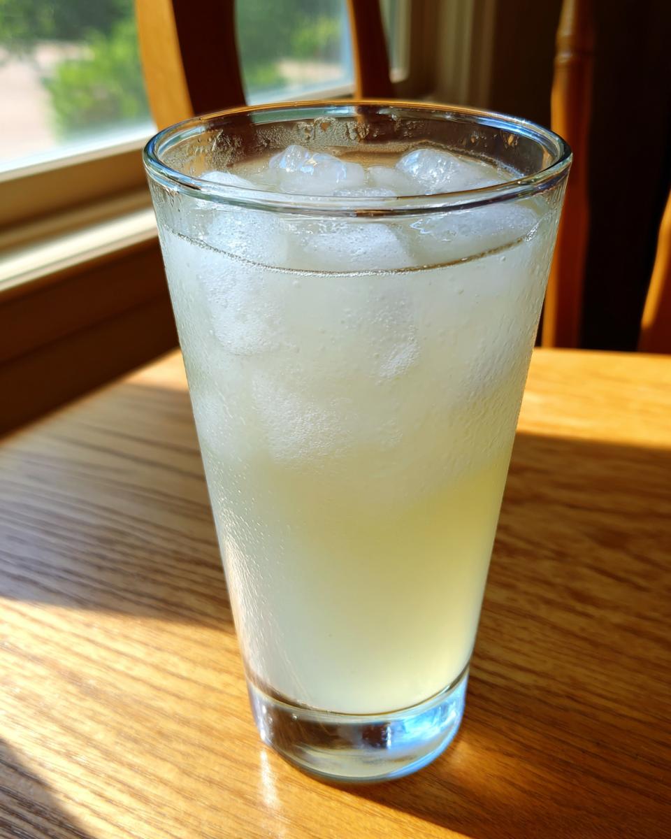 A tall glass filled with cold, bubbly lemonade and ice cubes sitting on a sunlit wooden table.
