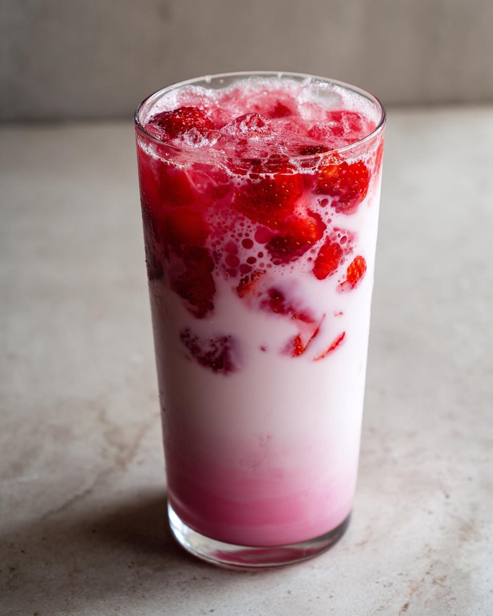 A tall glass filled with layered strawberry milk, topped with crushed ice and fresh strawberry pieces.