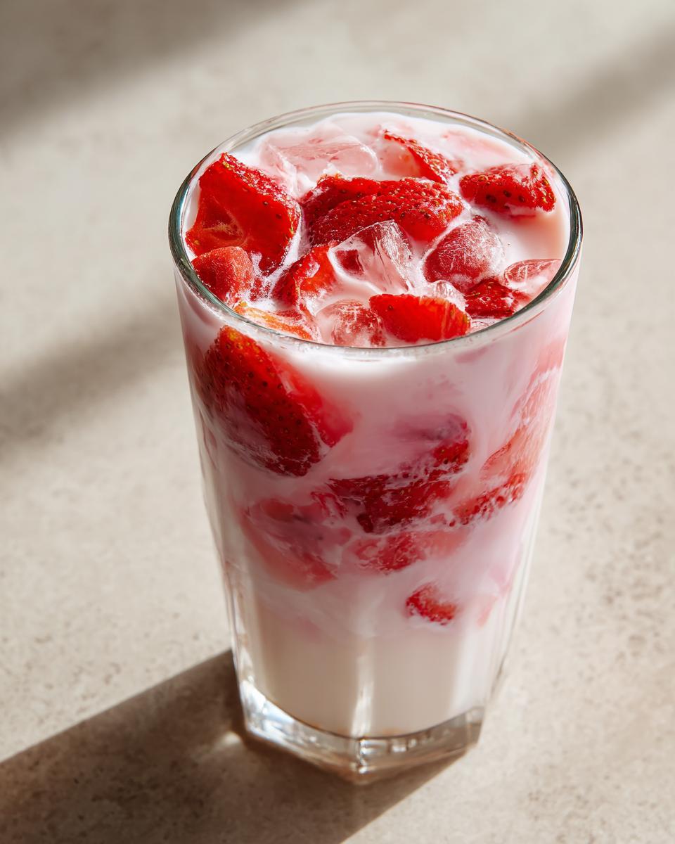 Close-up of a tall glass filled with homemade strawberry milk, ice cubes, and fresh sliced strawberries.