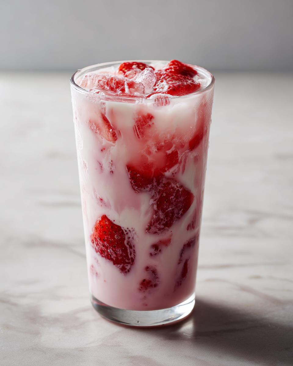 A tall glass filled with homemade strawberry milk, ice, and chunks of fresh strawberries.