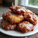 A pile of golden brown, freshly fried apple fritter pieces drizzled with a sweet white glaze, served on a white plate.