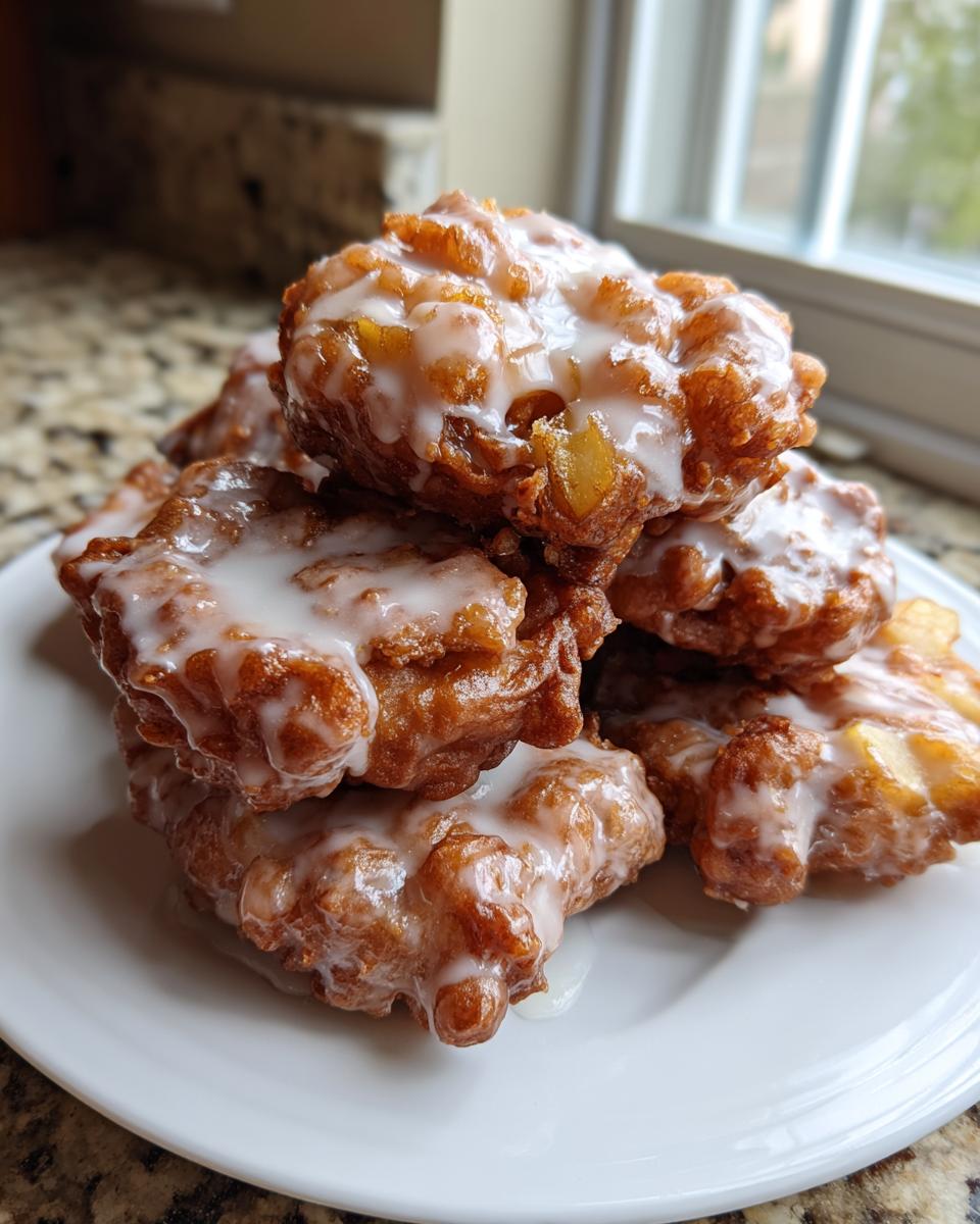 A stack of freshly fried, glazed apple fritter pastries piled on a white plate.
