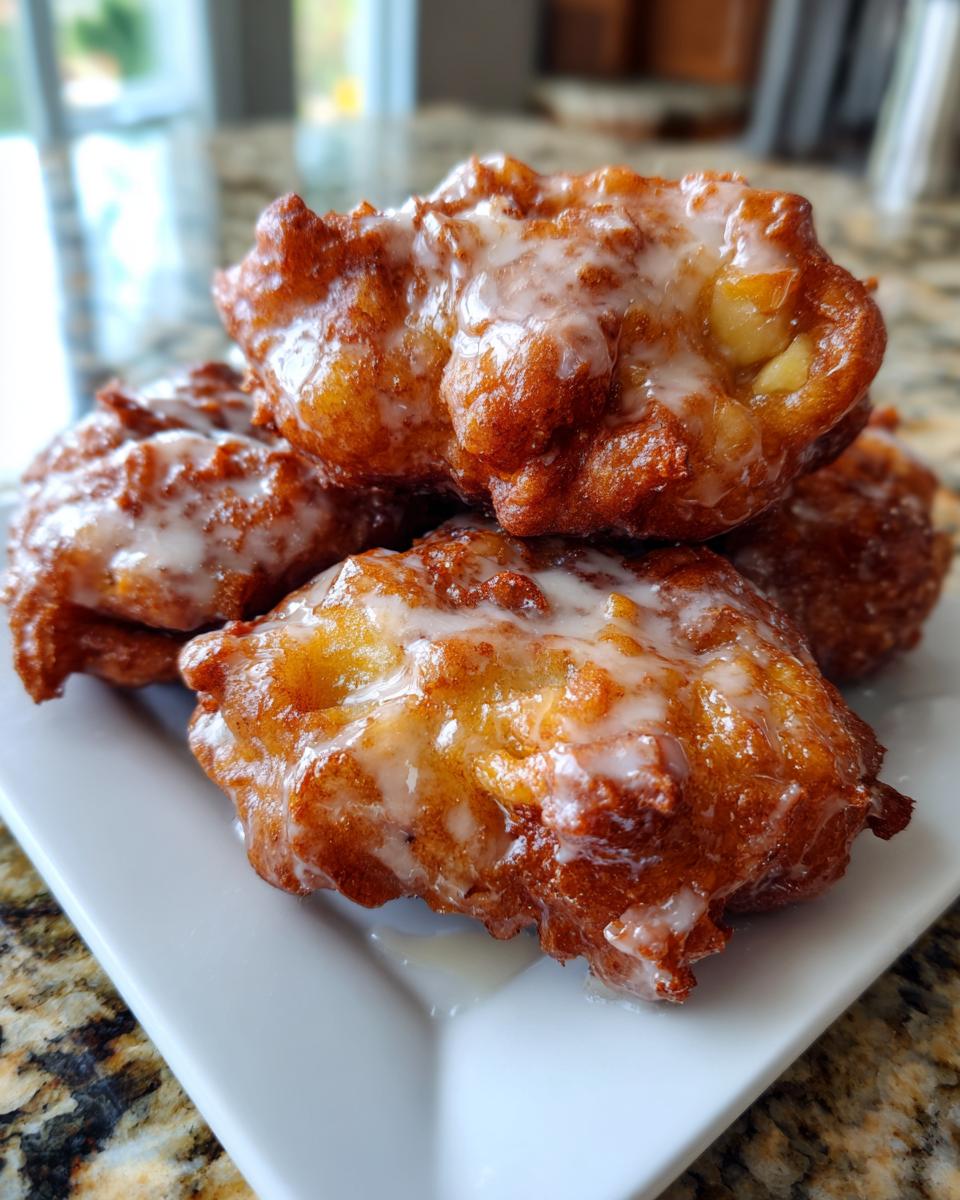 A stack of golden brown, freshly fried apple fritter treats generously drizzled with white glaze.
